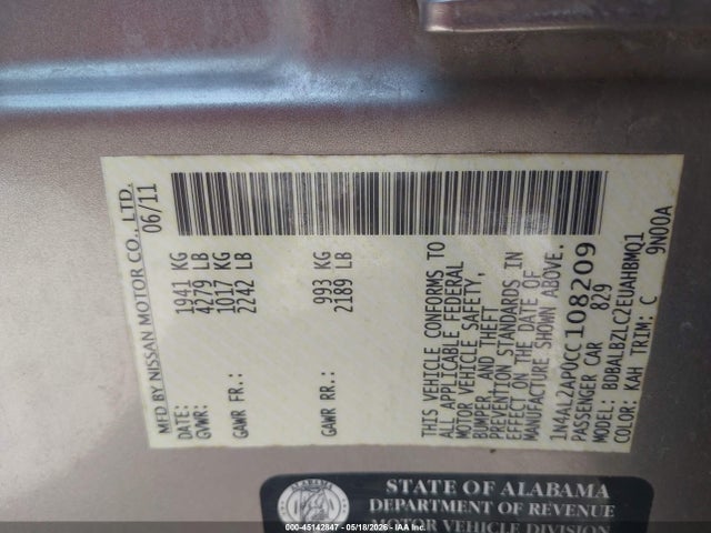 45142847 :رقم المزاد ، 1N4AL2AP0CC108209 vin ، 2012 Nissan Altima 2.5 S مزاد بيع