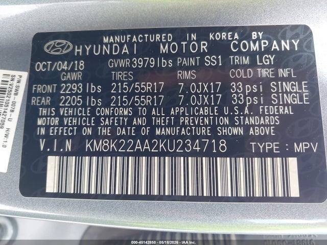 Продаж на аукціоні авто 2019 Hyundai Kona Sel, vin: KM8K22AA2KU234718, номер лоту: 45142850