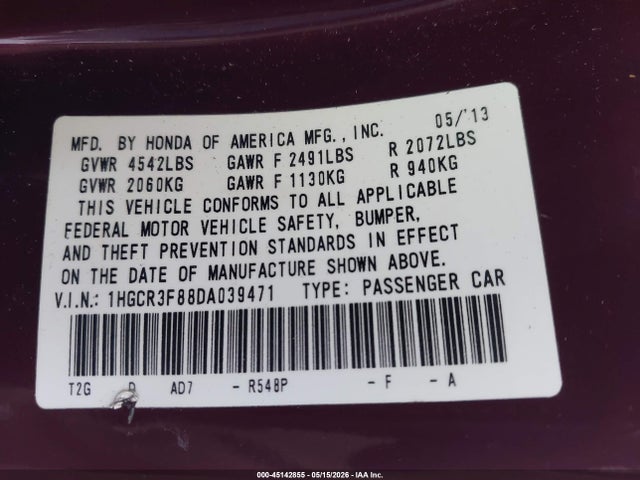 2013 Honda Accord Ex-l V-6 მანქანა იყიდება აუქციონზე, vin: 1HGCR3F88DA039471, აუქციონის ნომერი: 45142855