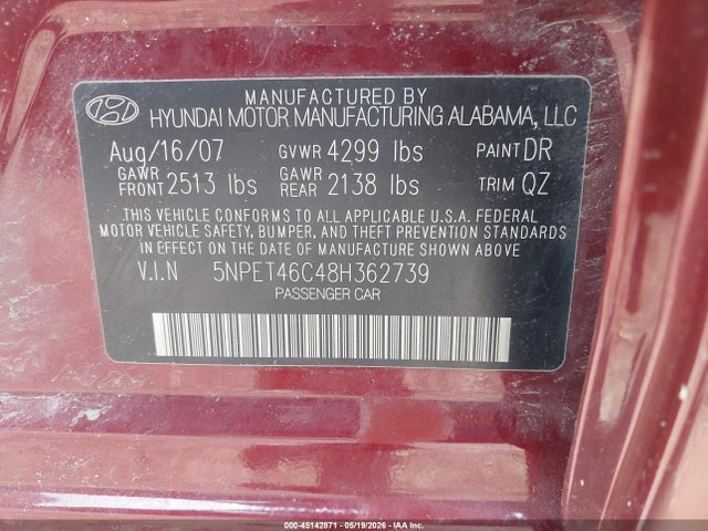 Продаж на аукціоні авто 2008 Hyundai Sonata Gls, vin: 5NPET46C48H362739, номер лоту: 45142871