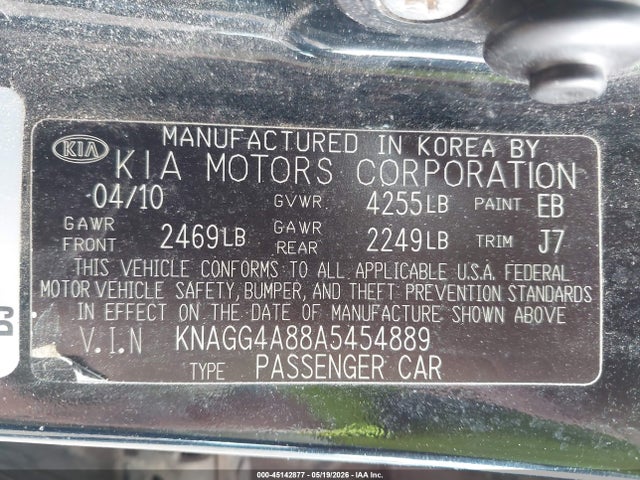 45142877 :رقم المزاد ، KNAGG4A88A5454889 vin ، 2010 Kia Optima Lx مزاد بيع