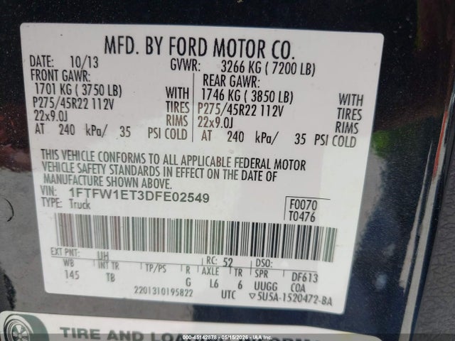 45142878 :رقم المزاد ، 1FTFW1ET3DFE02549 vin ، 2013 Ford F-150 Limited مزاد بيع