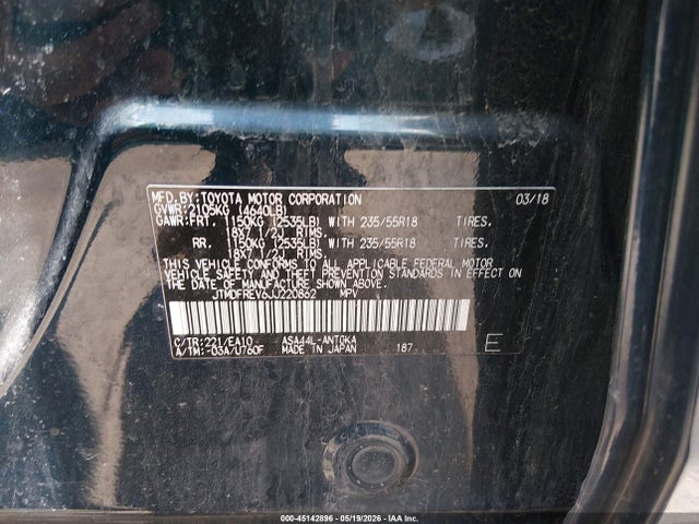 Aukcja sprzedaży 2018 Toyota Rav4 Limited, vin: JTMDFREV6JJ220862, numer aukcji: 45142896