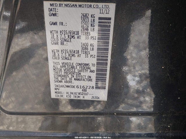 45142911 :رقم المزاد ، 5N1AR2MM3DC616228 vin ، 2013 Nissan Pathfinder S مزاد بيع