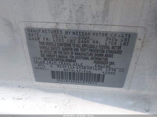 Aukcja sprzedaży 2016 Nissan Versa 1.6 S+, vin: 3N1CN7AP2GL899043, numer aukcji: 45142913