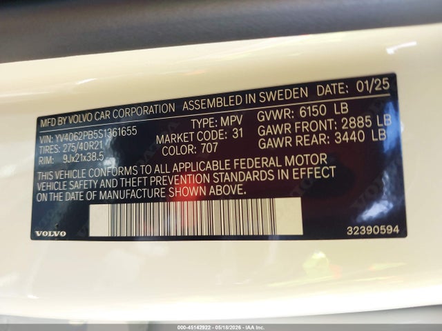 Продаж на аукціоні авто 2025 Volvo Xc90 B6 Plus 7-seater, vin: YV4062PB5S1361655, номер лоту: 45142922
