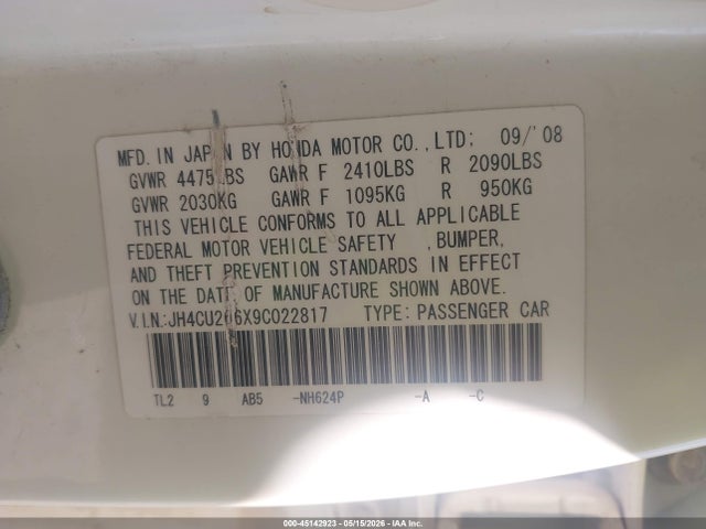 Aukcja sprzedaży 2009 Acura Tsx, vin: JH4CU266X9C022817, numer aukcji: 45142923