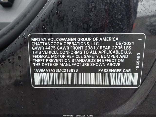 Продаж на аукціоні авто 2021 Volkswagen Passat 2.0t R-line, vin: 1VWMA7A33MC013696, номер лоту: 45142924