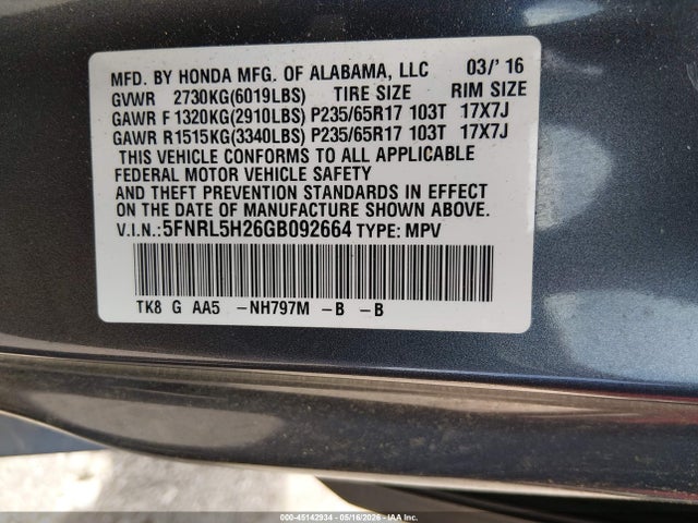 Honda ODYSSEY LX 2016 5FNRL5H26GB092664 Image 9