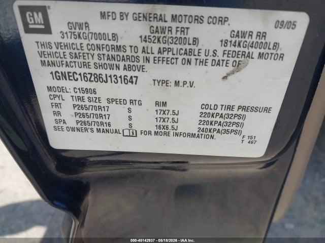 Продаж на аукціоні авто 2006 Chevrolet Suburban 1500 Lt, vin: 1GNEC16Z86J131647, номер лоту: 45142937