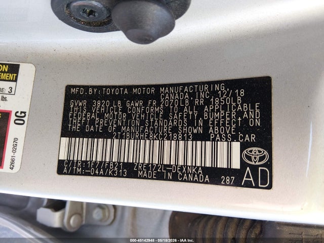 Aukcja sprzedaży 2019 Toyota Corolla Le, vin: 2T1BURHE8KC218813, numer aukcji: 45142948