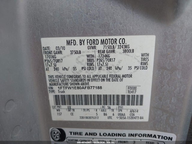 2010 Ford F-150 Xl/xlt მანქანა იყიდება აუქციონზე, vin: 1FTFW1E80AFB77188, აუქციონის ნომერი: 45142957