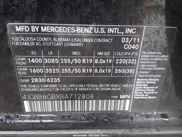 2011 Mercedes-benz Ml 350 4matic მანქანა იყიდება აუქციონზე, vin: 4JGBB8GBXBA712808, აუქციონის ნომერი: 45142960