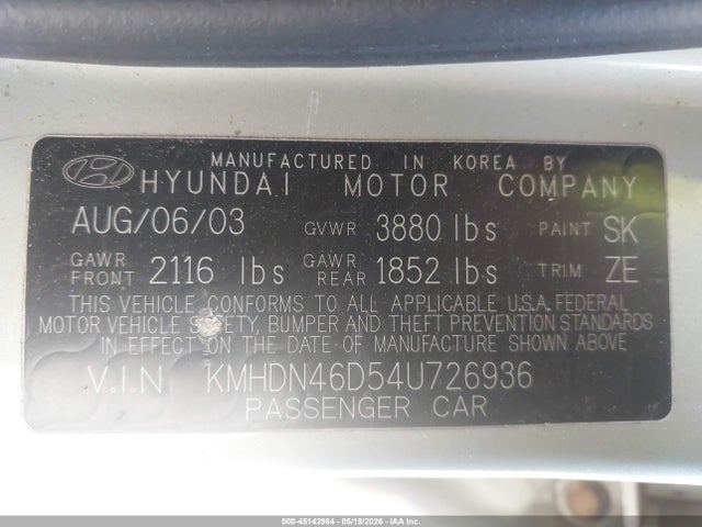 2004 Hyundai Elantra Gls/gt მანქანა იყიდება აუქციონზე, vin: KMHDN46D54U726936, აუქციონის ნომერი: 45142964