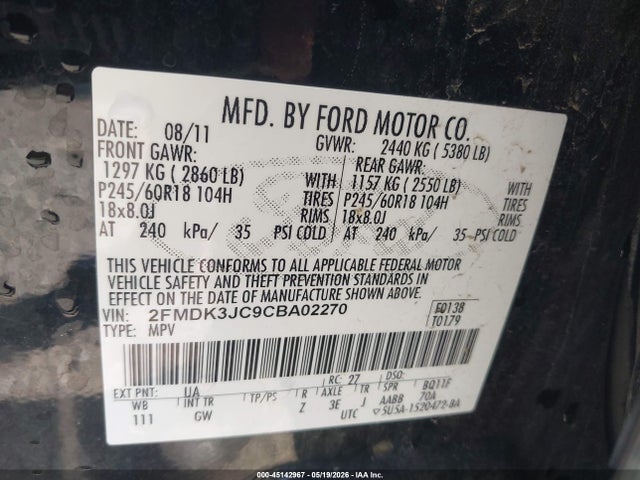 Aukcja sprzedaży 2012 Ford Edge Sel, vin: 2FMDK3JC9CBA02270, numer aukcji: 45142967