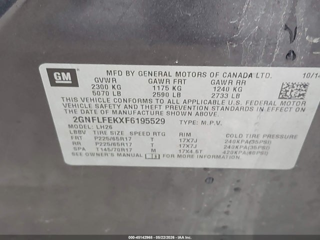 45142968 :رقم المزاد ، 2GNFLFEKXF6195529 vin ، 2015 Chevrolet Equinox 1lt مزاد بيع