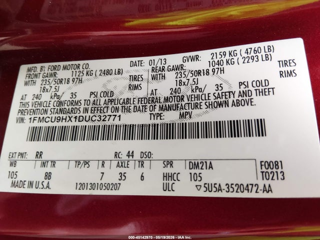 45142970 :رقم المزاد ، 1FMCU9HX1DUC32771 vin ، 2013 Ford Escape Sel مزاد بيع
