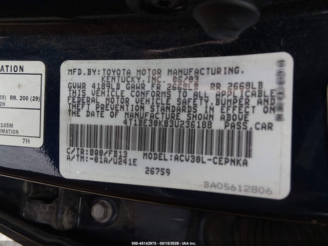 Aukcja sprzedaży 2003 Toyota Camry Le, vin: 4T1BE30K83U236188, numer aukcji: 45142975