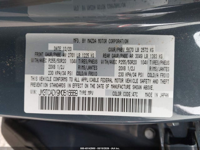 2021 Mazda Cx-9 Carbon Edition მანქანა იყიდება აუქციონზე, vin: JM3TCADY9M0516669, აუქციონის ნომერი: 45142980