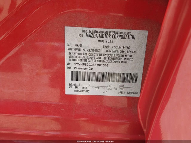 Продаж на аукціоні авто 2008 Mazda Mazda6 I Touring, vin: 1YVHP80C385M01316, номер лоту: 45143005