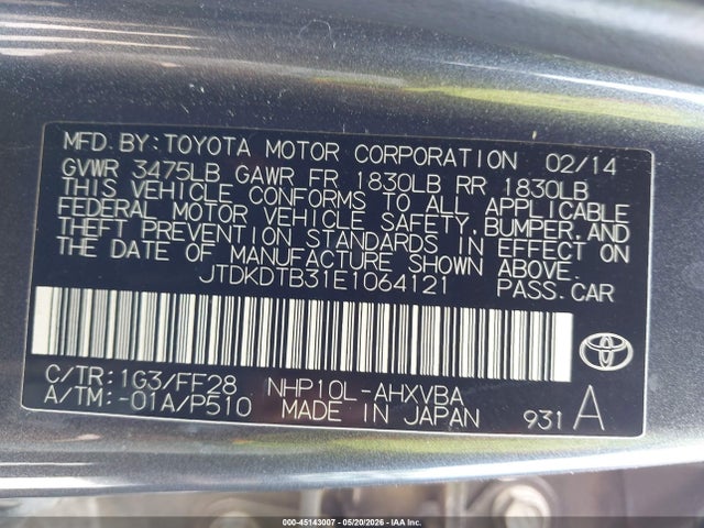 45143007 :رقم المزاد ، JTDKDTB31E1064121 vin ، 2014 Toyota Prius C Two مزاد بيع