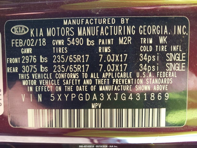 2018 Kia Sorento 2.4l Lx მანქანა იყიდება აუქციონზე, vin: 5XYPGDA3XJG431869, აუქციონის ნომერი: 45143014