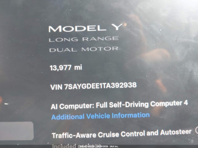 Aukcja sprzedaży 2026 Tesla Model Y All-wheel Drive/long Range Launch Series/premium All-wheel Drive, vin: 7SAYGDEE1TA392938, numer aukcji: 45143028