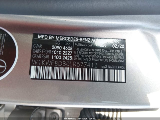 Aukcja sprzedaży 2020 Mercedes-benz C 300, vin: W1KWF8DB0LR577412, numer aukcji: 45143032