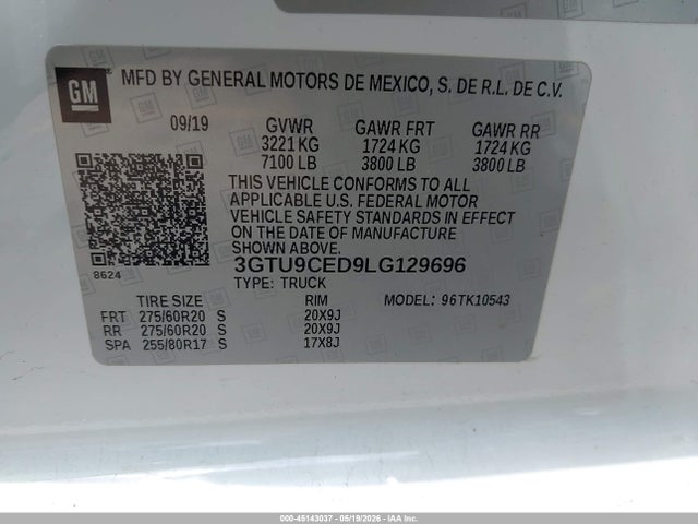 Aukcja sprzedaży 2020 Gmc Sierra 1500, vin: 3GTU9CED9LG129696, numer aukcji: 45143037