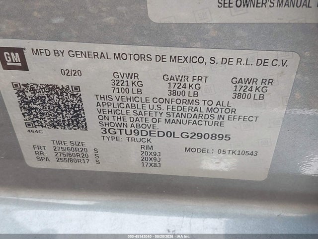 45143040 :رقم المزاد ، 3GTU9DED0LG290895 vin ، 2020 Gmc Sierra 1500 4wd  Short Box Slt مزاد بيع