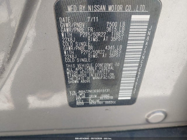 Продаж на аукціоні авто 2012 Infiniti Qx56, vin: JN8AZ2NC3C9315131, номер лоту: 45143043