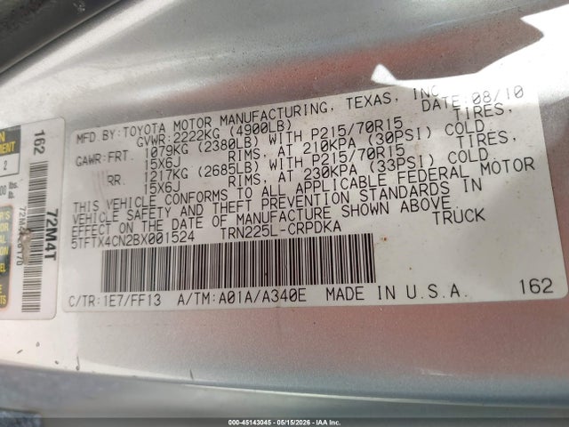 Aukcja sprzedaży 2011 Toyota Tacoma, vin: 5TFTX4CN2BX001524, numer aukcji: 45143045