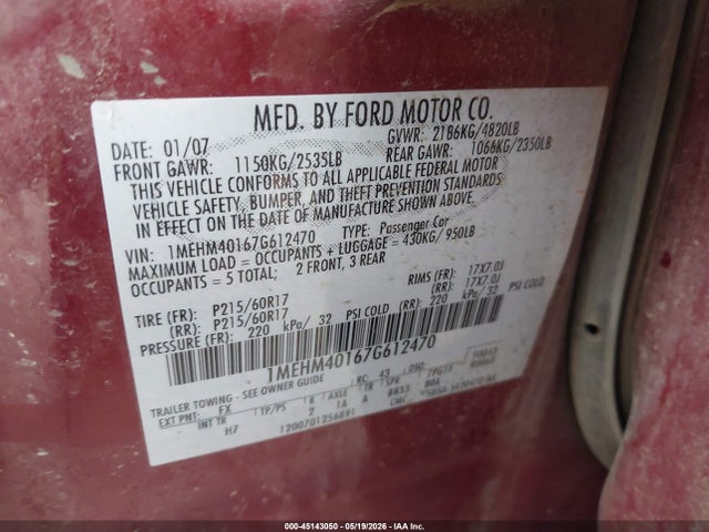 Aukcja sprzedaży 2007 Mercury Montego Luxury, vin: 1MEHM40167G612470, numer aukcji: 45143050