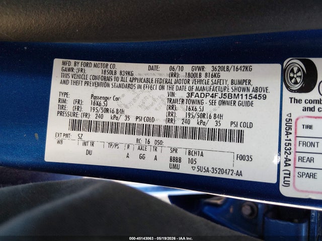Продаж на аукціоні авто 2011 Ford Fiesta Ses, vin: 3FADP4FJ5BM115459, номер лоту: 45143063