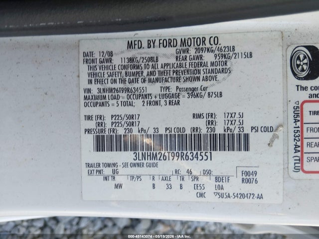 45143074 :رقم المزاد ، 3LNHM26T99R634551 vin ، 2009 Lincoln Mkz مزاد بيع