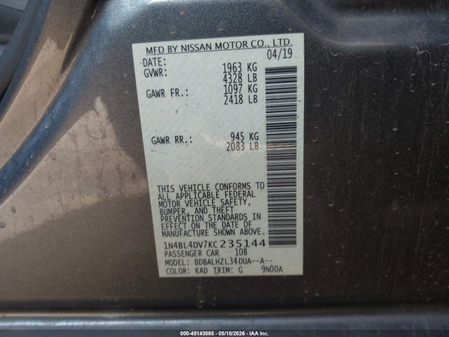 1N4BL4DV7KC235144 Nissan Altima 2.5 Sv