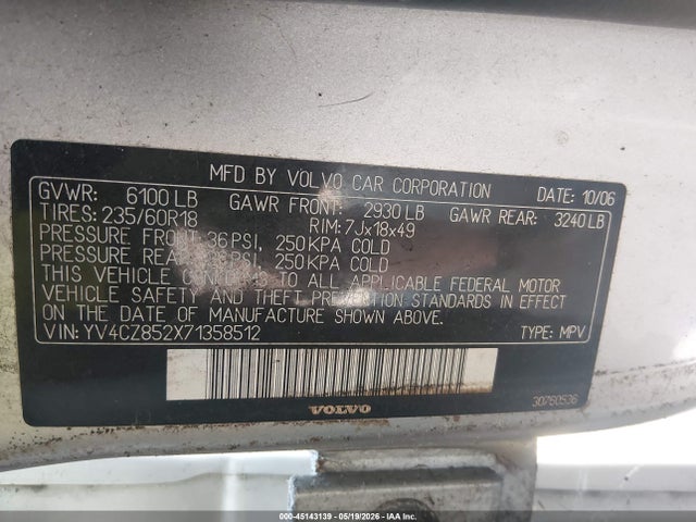 45143139 :رقم المزاد ، YV4CZ852X71358512 vin ، 2007 Volvo Xc90 V8 مزاد بيع