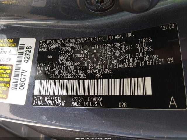 2009 Toyota Sienna Le მანქანა იყიდება აუქციონზე, vin: 5TDBK23C39S027305, აუქციონის ნომერი: 45143159