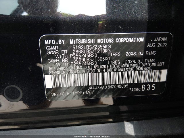 Продажа на аукционе авто 2022 Mitsubishi Outlander Sel 2.5 2wd/sel Special Edition 2wd, vin: JA4J3VA83NZ090805, номер лота: 45143161
