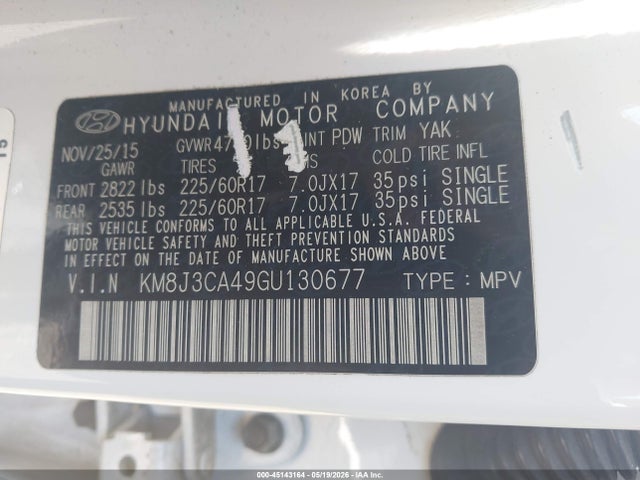 45143164 :رقم المزاد ، KM8J3CA49GU130677 vin ، 2016 Hyundai Tucson Se مزاد بيع
