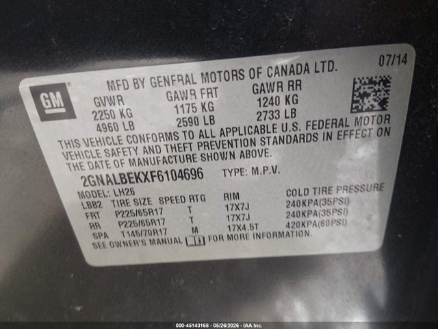 Продажа на аукционе авто 2015 Chevrolet Equinox 1lt, vin: 2GNALBEKXF6104696, номер лота: 45143168