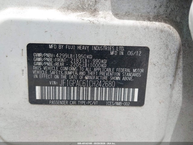 Продаж на аукціоні авто 2012 Subaru Impreza 2.0i Premium, vin: JF1GPAC61CH242680, номер лоту: 45143169