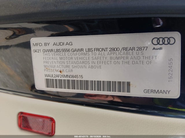 Aukcja sprzedaży 2021 Audi A6 Premium Plus 55 Tfsi Quattro S Tronic, vin: WAUL2AF26MN084515, numer aukcji: 45143170
