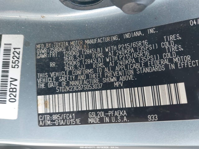 Продажа на аукционе авто 2007 Toyota Sienna Le, vin: 5TDZK23C87S053037, номер лота: 45143171