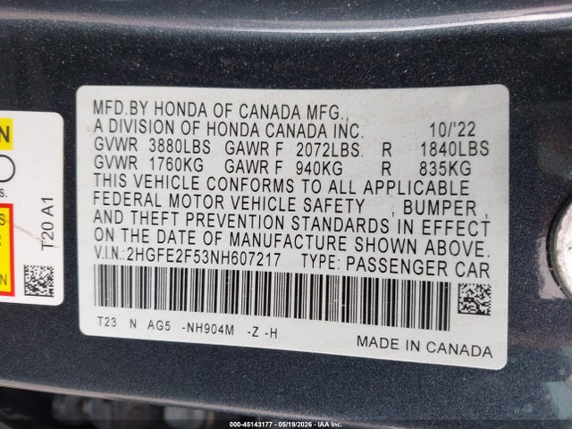 2HGFE2F53NH607217 Honda Civic Sport