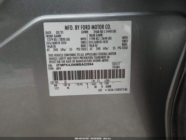 45143180 :رقم المزاد ، 2FMPK4J96MBA02994 vin ، 2021 Ford Edge Sel مزاد بيع