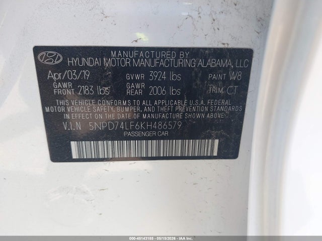 Продажа на аукционе авто 2019 Hyundai Elantra Se, vin: 5NPD74LF6KH486579, номер лота: 45143185