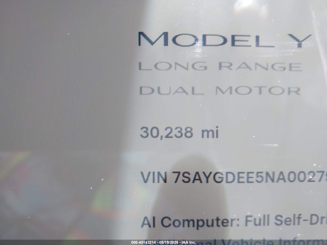 Aukcja sprzedaży 2022 Tesla Model Y Long Range Dual Motor All-wheel Drive, vin: 7SAYGDEE5NA002796, numer aukcji: 45143214
