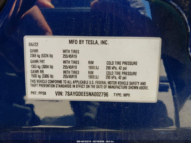 Aukcja sprzedaży 2022 Tesla Model Y Long Range Dual Motor All-wheel Drive, vin: 7SAYGDEE5NA002796, numer aukcji: 45143214
