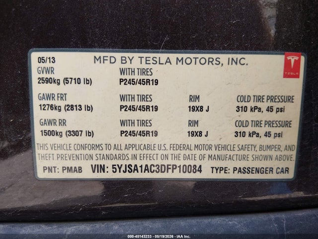 Aukcja sprzedaży 2013 Tesla Model S, vin: 5YJSA1AC3DFP10084, numer aukcji: 45143233